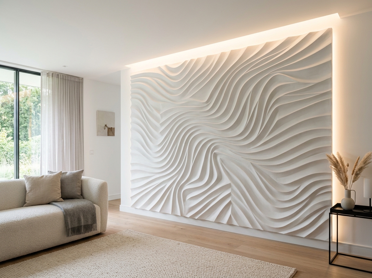 Painel decorativo de gesso 3D com textura geométrica