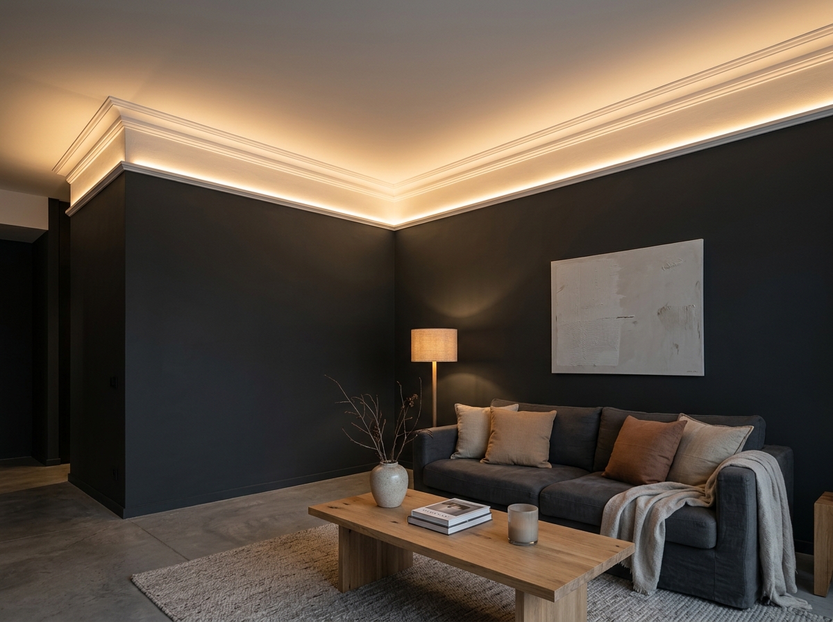 Sanca iluminada com LED em sala de estar moderna